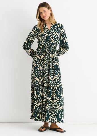 Maxivestido con cintura lazada y estampado ikat verde