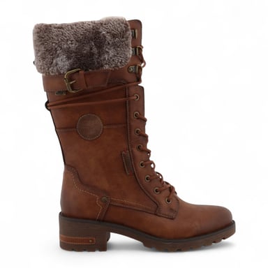 Botas de combate Mustang de invierno de piel sintética marrón de media pantorrilla para mujer