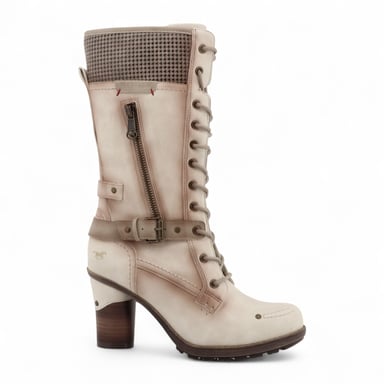 Botas de combate Mustang para mujer, de media caña, con cordones y tacón, en color blanco crema