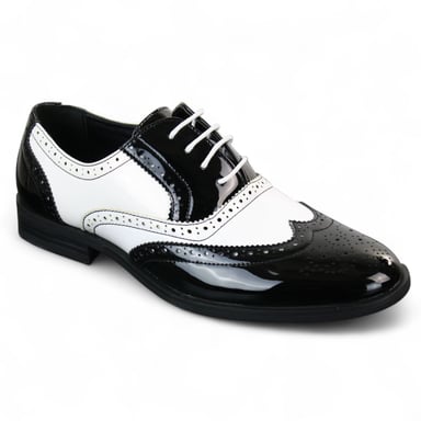 Zapatos de vestir elegantes con cordones de charol y brogues blancos y negros para hombre