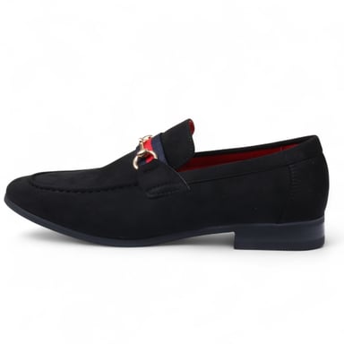 Mocasines de ante negro con hebilla dorada para hombre, zapatos de vestir sin cordones