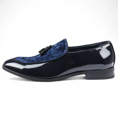 Mocasines de terciopelo azul marino con borlas y charol para hombre
