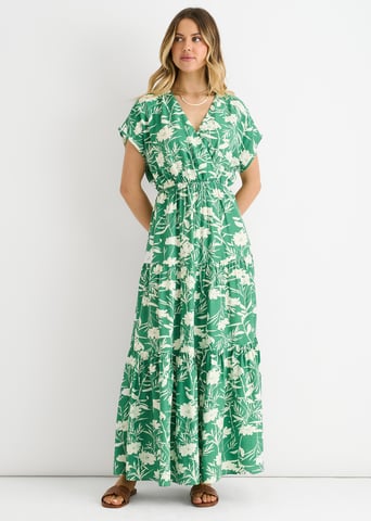 Vestido largo con cintura elástica y estampado floral verde