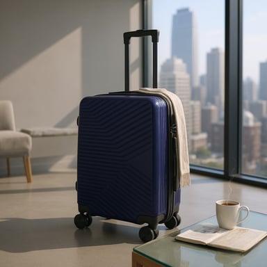 Maleta de cabina rígida color azul marino de 48 x 37 x 20 cm, apta para Easyjet y Ryanair.