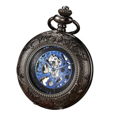 Reloj de bolsillo vintage de aleación mecánica negra con esqueleto y estilo medio cazador