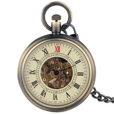Reloj de bolsillo antiguo con esqueleto mecánico de bronce y cara abierta