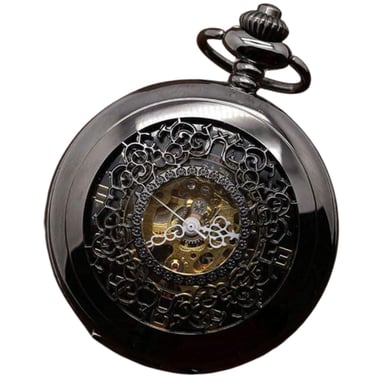 Reloj de bolsillo antiguo de aleación negra de latón con esqueleto y estilo medio cazador
