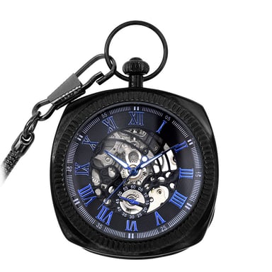 Reloj de bolsillo mecánico vintage azul y negro con esqueleto cuadrado y esfera abierta