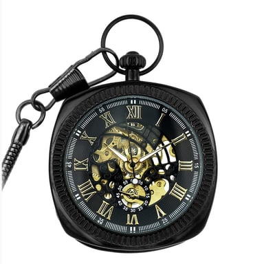 Reloj de bolsillo mecánico vintage de oro negro con esqueleto cuadrado y esfera abierta