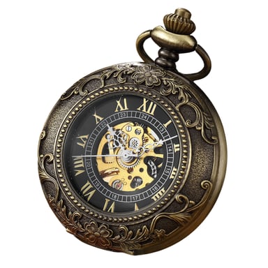 Reloj de bolsillo vintage de bronce, mecánico, de aleación, con esqueleto y estilo medio cazador.