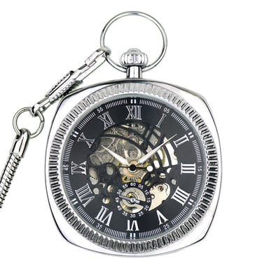 Reloj de bolsillo mecánico vintage de plata con esqueleto cuadrado y esfera abierta