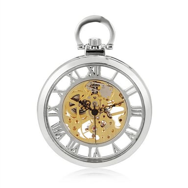 Reloj de bolsillo mecánico de aleación de plata con esqueleto plateado y esfera abierta