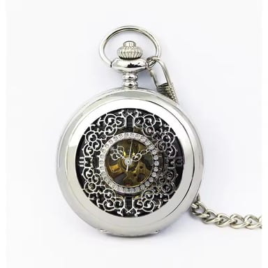 Reloj de bolsillo antiguo de aleación de plata y latón con esqueleto y estilo medio cazador