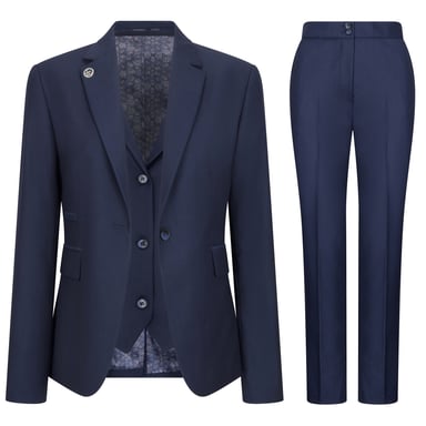 Traje formal de oficina de 3 piezas entallado para mujer, color azul marino liso