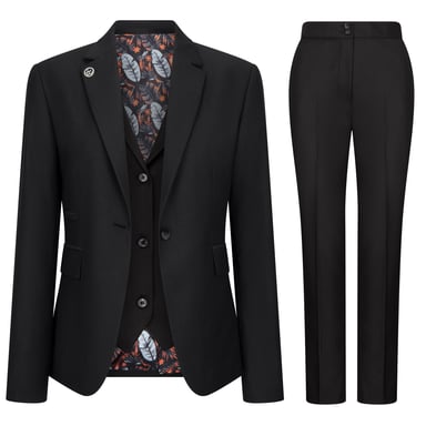 Traje formal de oficina de 3 piezas entallado para mujer, liso, negro
