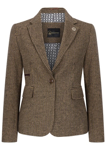 Blazer de tweed de mezcla de lana con diseño de pata de gallo marrón a medida para mujer