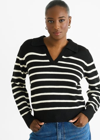 Jersey de punto negro con cuello en V y rayas recicladas