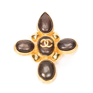 Chanel CC Stone Cross Brooch  en Oro/Marrón Acero inoxidable sin níquel