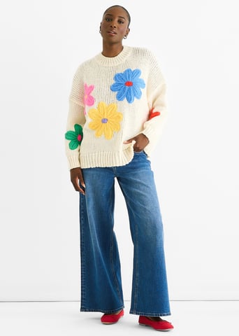 Jersey Oversized de Punto Grueso con Crochet Floral en Crema