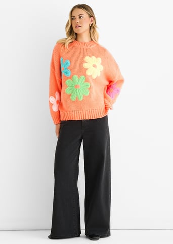 Jersey Oversize de Punto Grueso con Crochet Floral Naranja