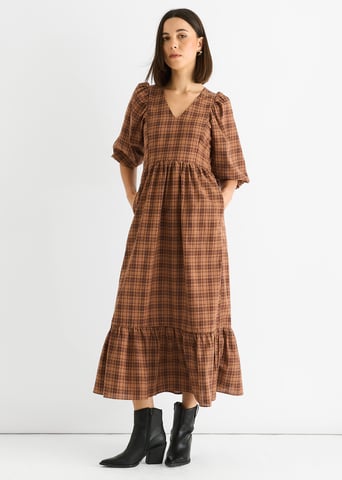 Vestido midi de algodón marrón con mangas abullonadas y escote en V