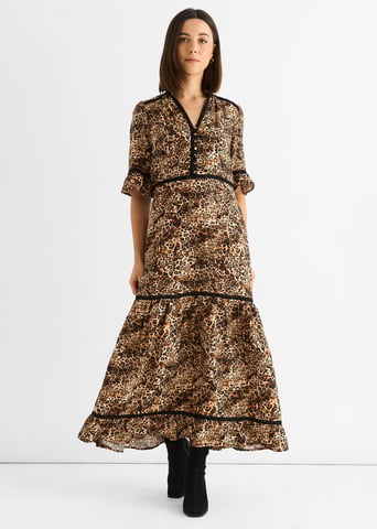 Vestido midi de capas con estampado animal marrón y encaje
