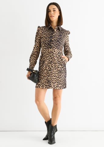 Vestido Mini Militar de Estampado Animal Marrón
