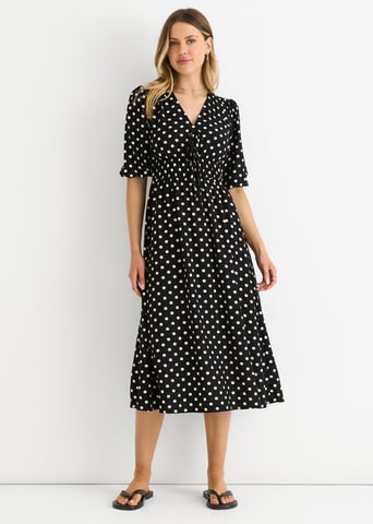 Vestido midi recto con estampado de lunares negros y cintura fruncida
