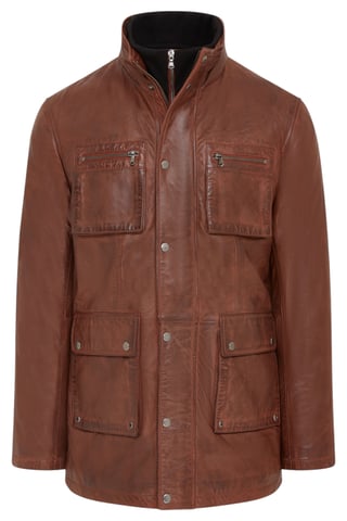 Chaqueta militar de cuero marrón para hombre - Abrigo de campo