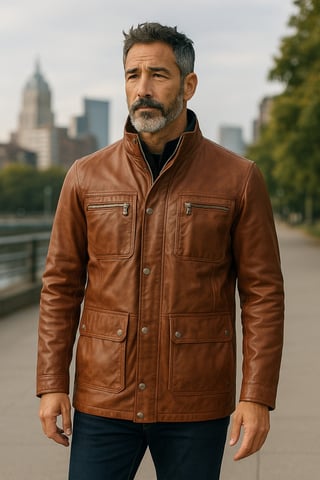 Chaqueta militar de cuero marrón para hombre - Abrigo de campo
