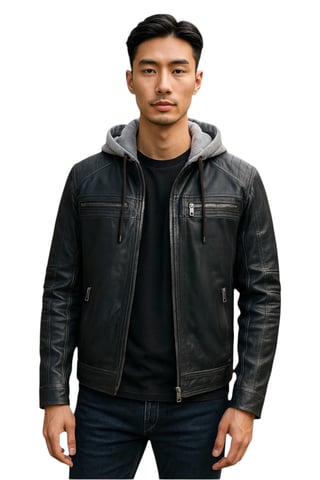 Chaqueta motera de piel de cordero con capucha azul para hombre - Ingham