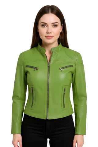 Chaqueta motera de cuero verde informal y ajustada para mujer - Tulsa