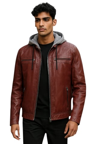 Chaqueta motera de piel de cordero burdeos con capucha roja para hombre - Ingham