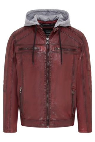 Chaqueta motera de piel de cordero burdeos con capucha roja para hombre - Burten