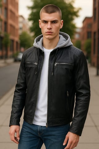 Chaqueta motera de piel de cordero con capucha azul para hombre - Kingston