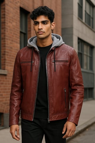 Chaqueta motera de piel de cordero burdeos con capucha roja para hombre - Kingston