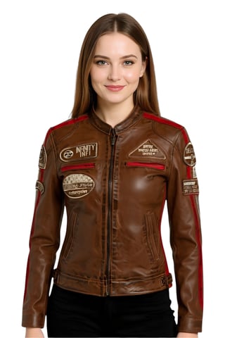 Chaqueta de motociclista de cuero color canela con insignias de carreras para mujer - Dalby