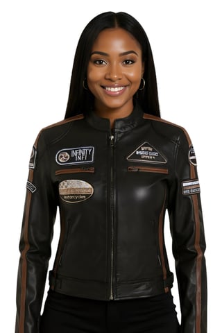 Chaqueta de motociclista de cuero negro para mujer con insignias de carreras - Dalby