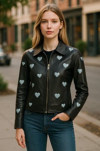 Chaqueta biker de cuero negra con corazones para mujer - Renmark