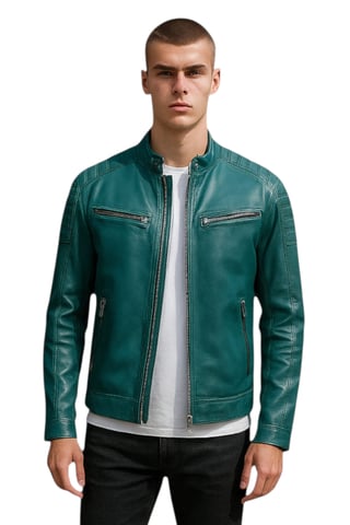 Chaqueta de motociclista acolchada de cuero clásico y moderno verde para hombre - Mackay