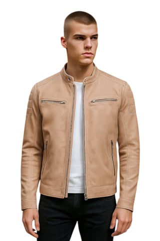 Chaqueta de motociclista acolchada de cuero clásico moderno beige para hombre - Mackay