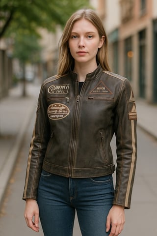Chaqueta de cuero estilo motero vintage color canela con insignias de carreras para mujer - Eastleigh