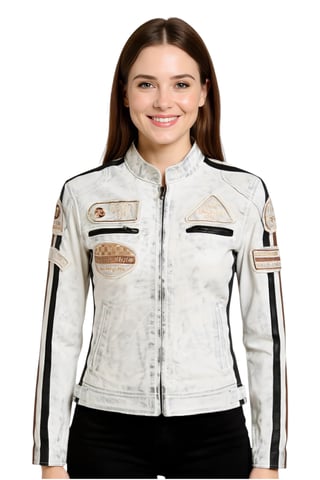 Chaqueta de motociclista de cuero blanco para mujer con insignias de carreras - Dalby