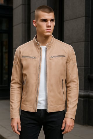 Chaqueta de motociclista acolchada clásica de cuero beige para hombre - Smithton