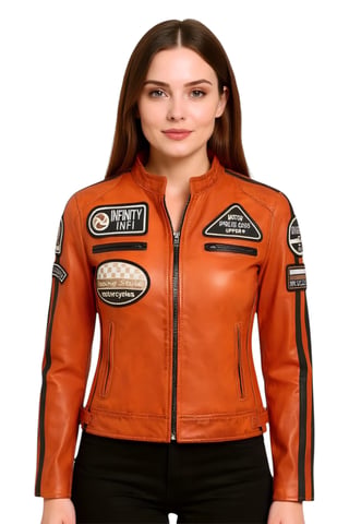 Chaqueta de motociclista de cuero naranja para mujer con insignias de carreras - Dalby