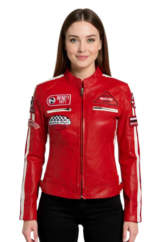 Chaqueta de motociclista de cuero rojo para mujer con insignias de carreras - Dalby
