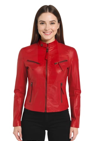 Chaqueta de motociclista de cuero roja informal y ajustada para mujer - Tulsa