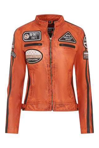 Chaqueta de motociclista de cuero naranja para mujer con insignias de carreras - Agadir