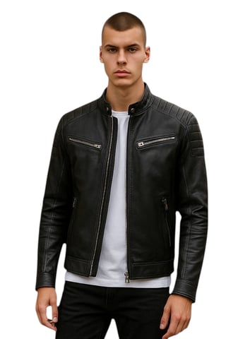 Chaqueta de motociclista acolchada clásica de cuero negro moderno para hombre - Mackay
