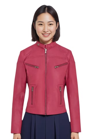Chaqueta motera de cuero rosa informal y ajustada para mujer - Tulsa